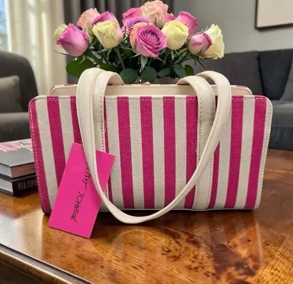Betsey Johnson Pink and White Striped Canvas Satchel with Flower Charm - Picture 3 of 6